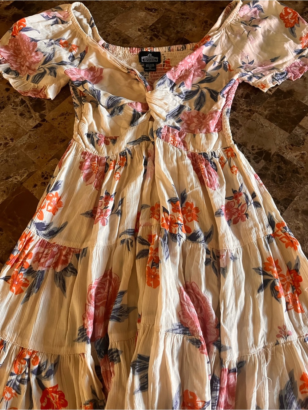 Angie Cream Floral Tiered Dress with Pink & Orange Blooms - Picture 2 of 4